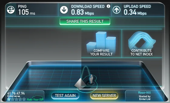 Speedtest.net result of 31.05.2013 between Flic en Flac and Rose Hill