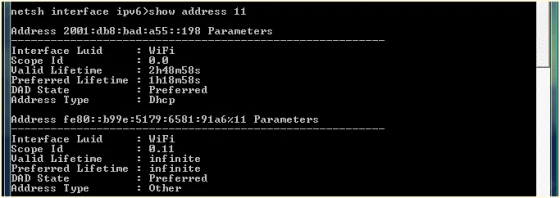 Show IPv6 address information using netsh command on Windows