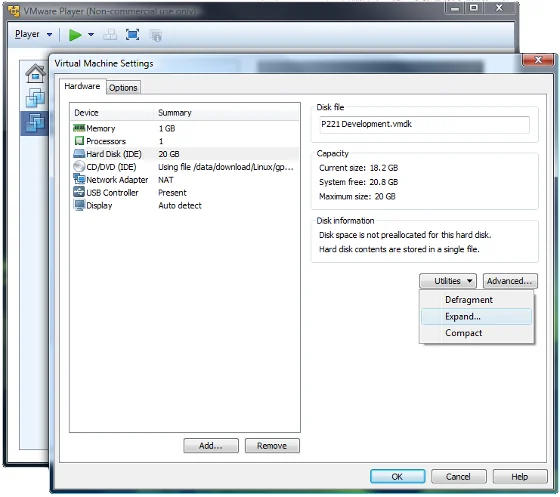 Virtual Machine Settings and ability to expand the disk capacity