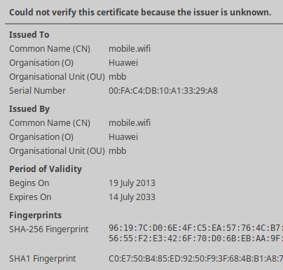 Valid self-signed SSL certificate in Huawei B310S modem