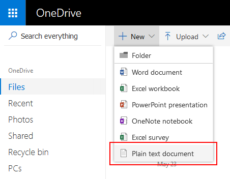 Create a new Plain text file directly in OneDrive