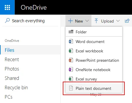 Create a new Plain text file directly in OneDrive
