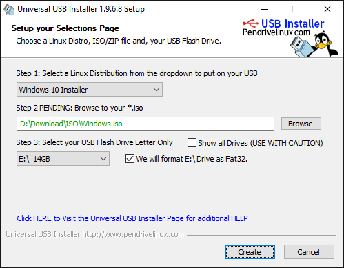 UUI - Universal USB Installer has an option to create bootable Windows USB pendrive