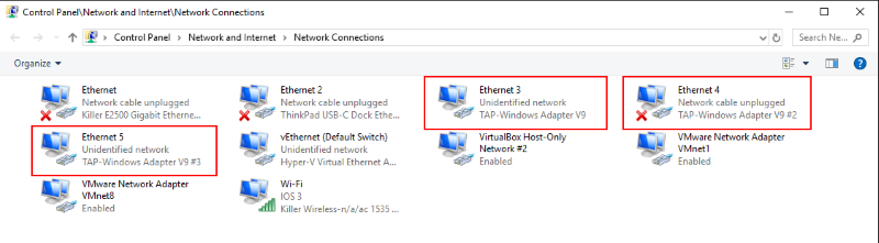 The TAP adapters are accessible in the Windows Network Connections