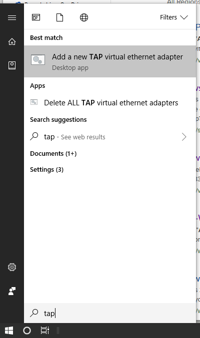 Launch the addition of a TAP virtual ethernet adapter via Windows Start menu