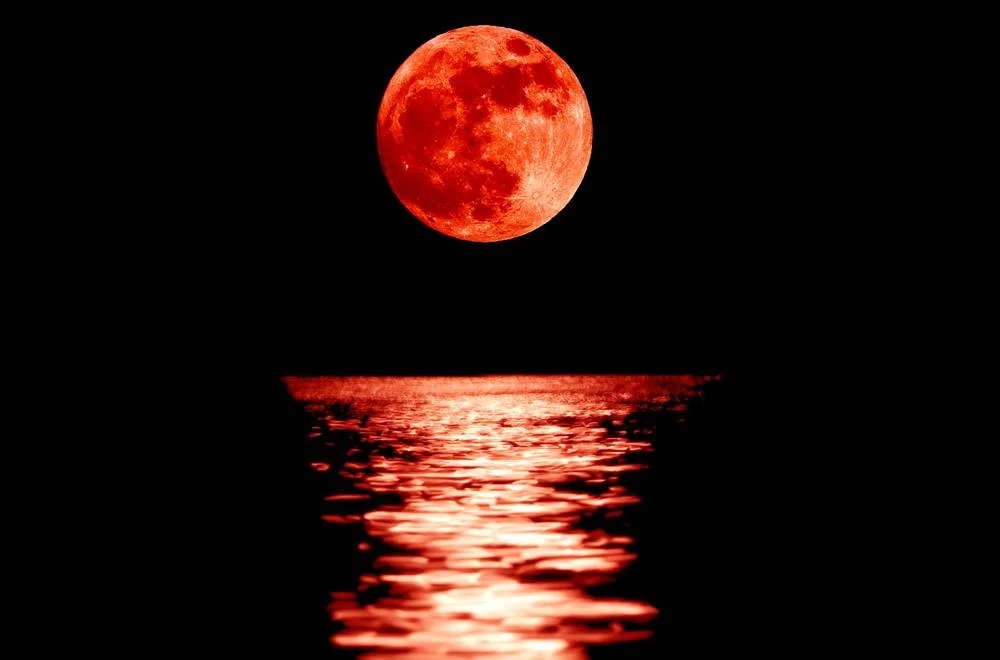 Full red moon with reflection closeup showing the details of the lunar surface. As seen from Varna, Bulgaria. Picture: Stanimir G. Stoev