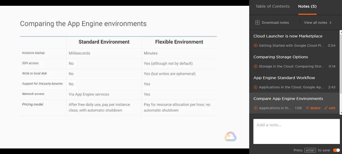 Another video Note taken to compare the App Engine environments