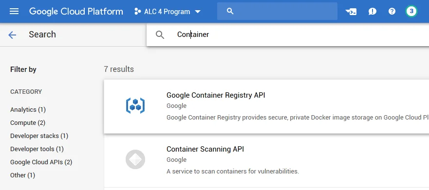 Choose the Google Container Registry API in the library