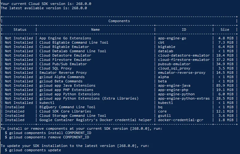 List of gcloud components and installation status