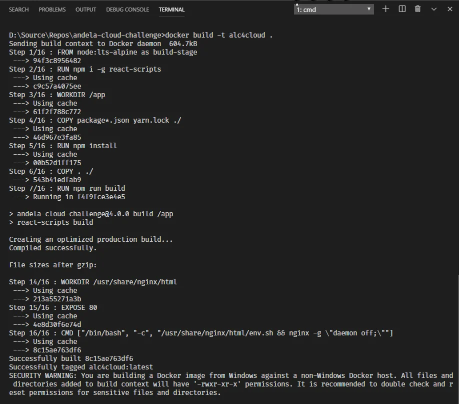 Successful build of image. Our React app has been containerised.