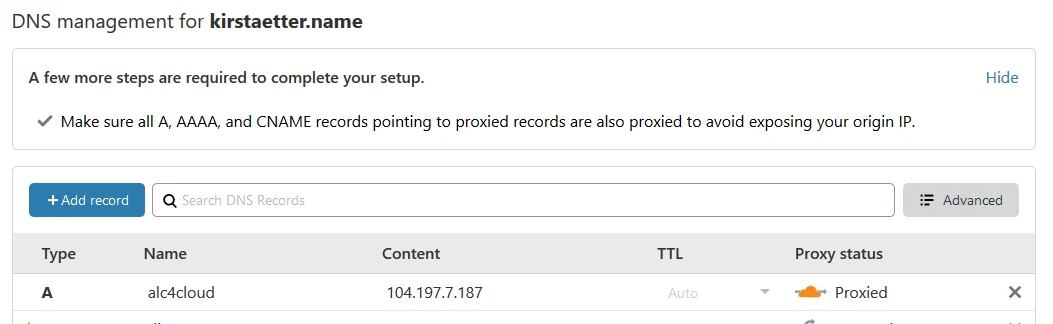 Using an A record in DNS to abstract the external IP address of the cluster