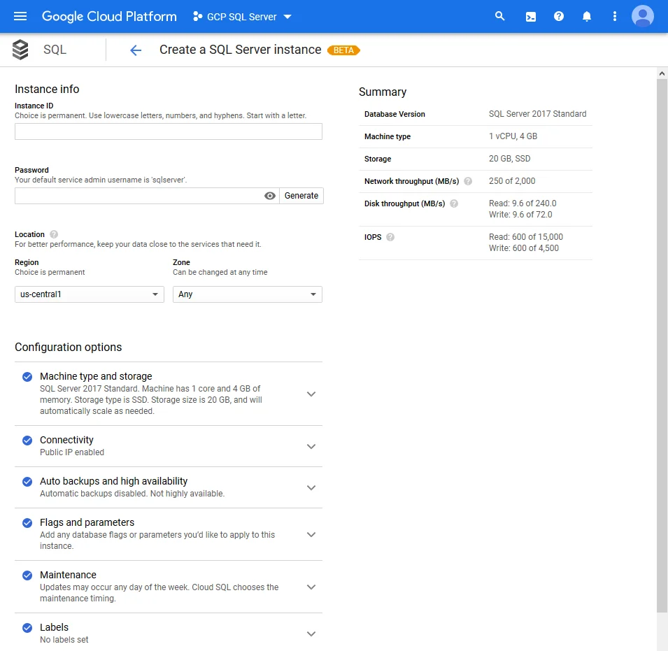 Wide range of options to configure a SQL Server based Cloud SQL instance