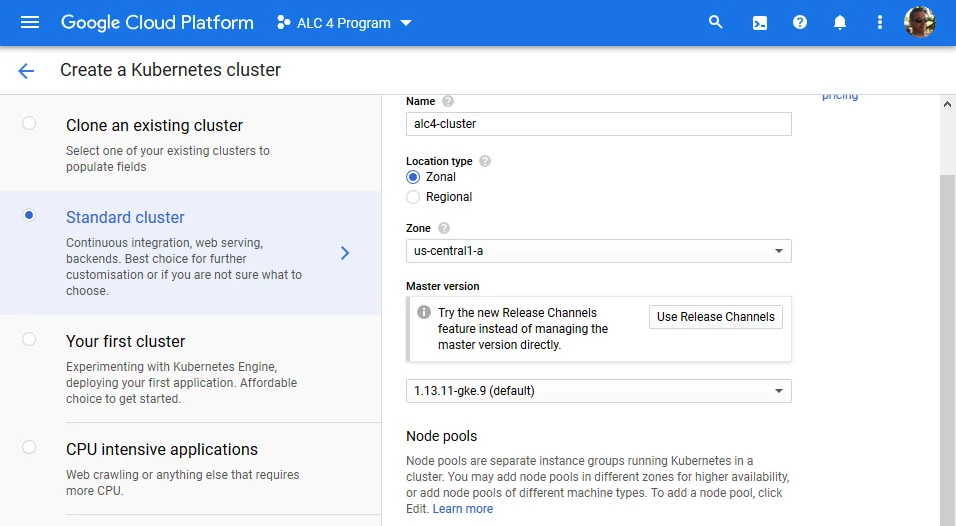 Various templates to choose from to create a cluster