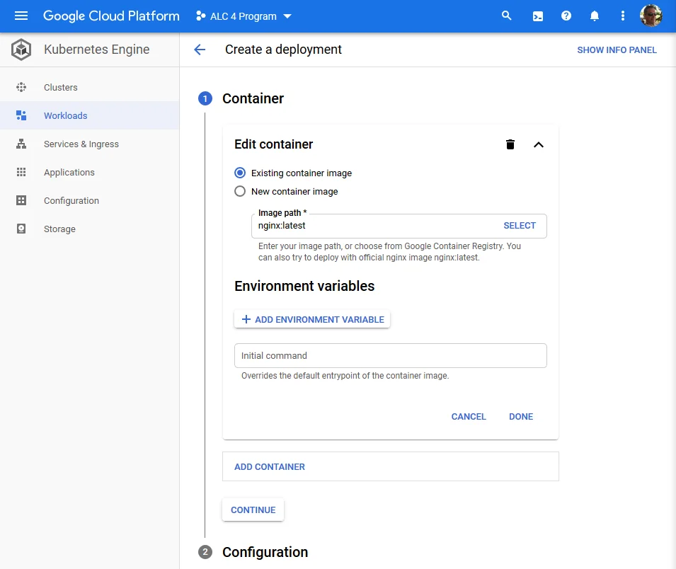 Create a deployment for an existing container