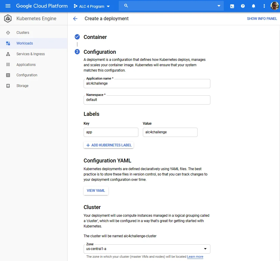 Complete the compulsory values for the deployment configuration