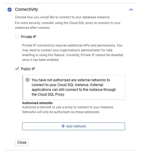 Default access to Cloud SQL suggests use of Cloud SQL Proxy
