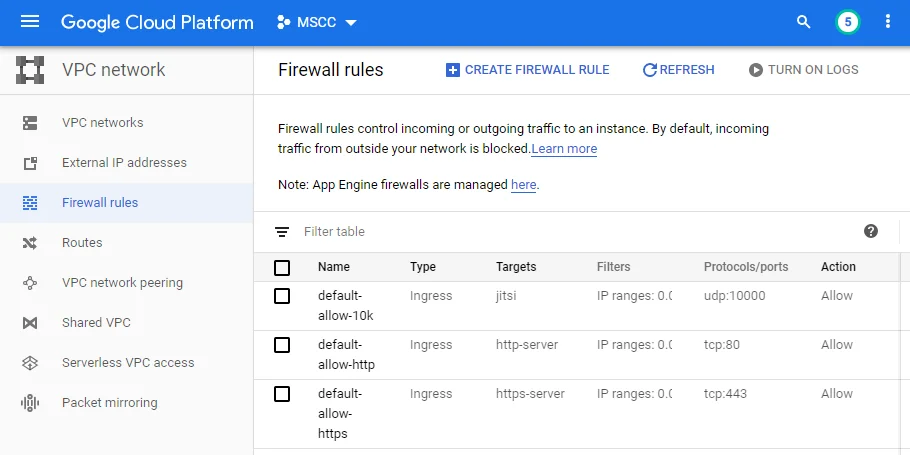 Partial list of firewall rules. The relevant rules for Jitsi Meet are shown