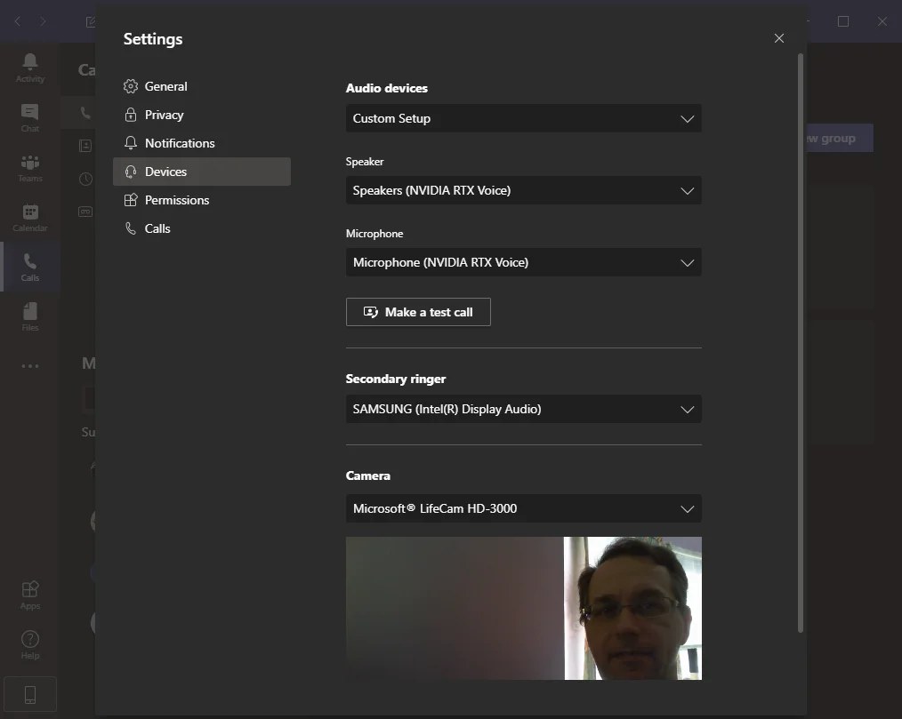 Configuring Microsoft Teams to use NVIDIA RTX Voice devices