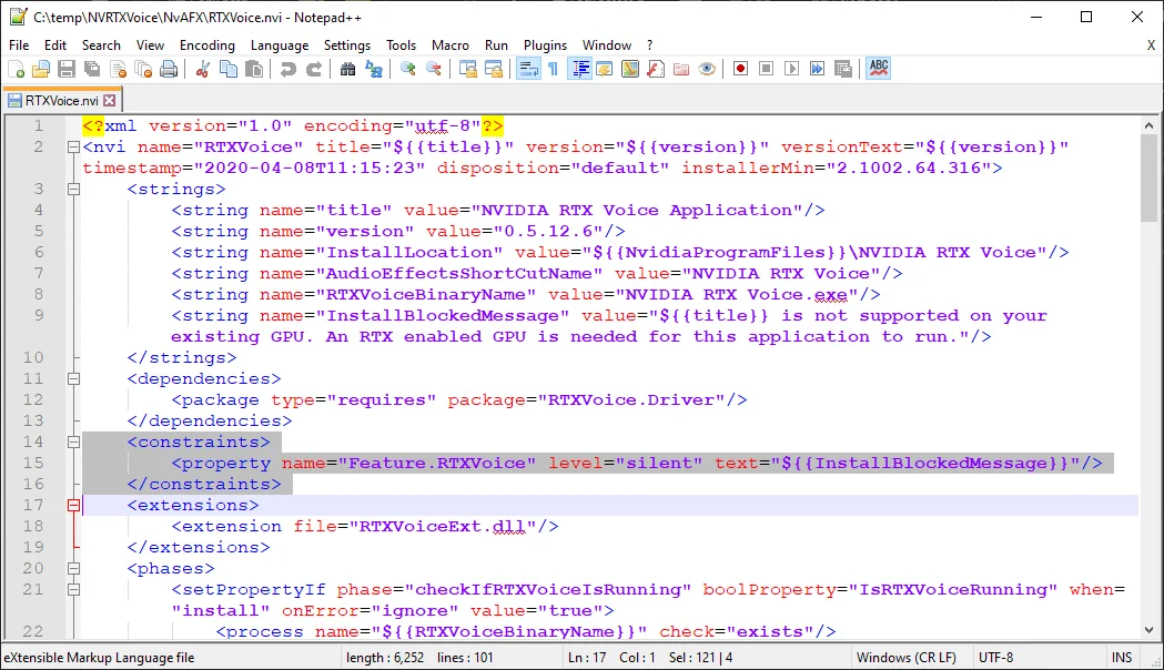 Delete the constraints section from the file