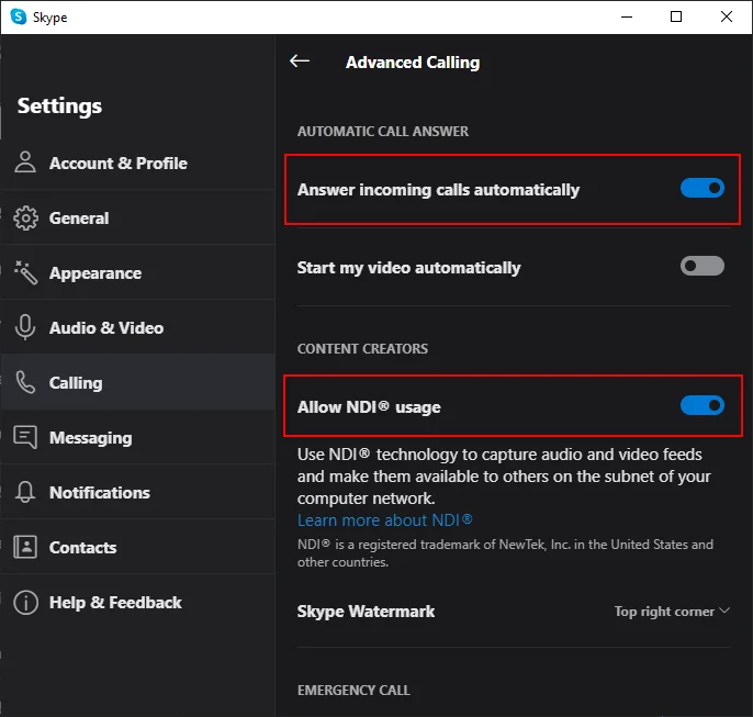Enable NDI usage and activate automatic answering of incoming calls on the VM