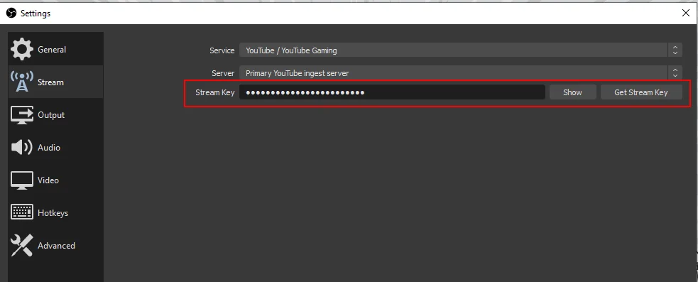 Apply the stream key in OBS Studio