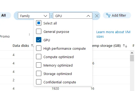 Ease your life using a filter on GPU enabled VM sizes