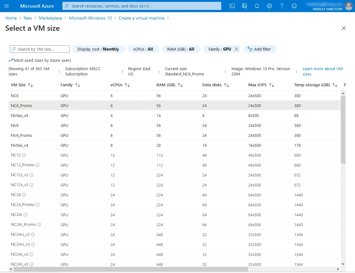 Large list of available VM sizes on Azure