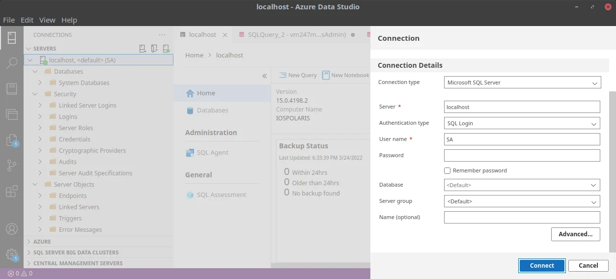 Add a connection to a local instance of SQL Server in Azure Data Studio