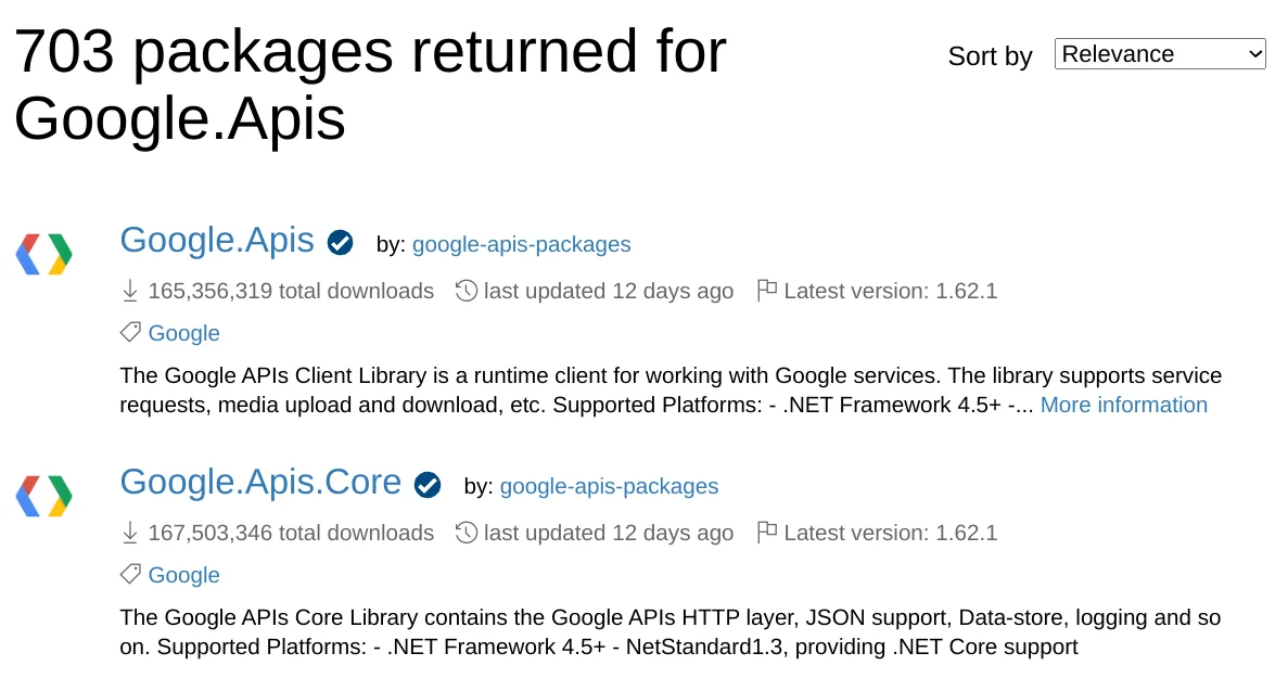 Browsing Google API NuGet packages for .NET
