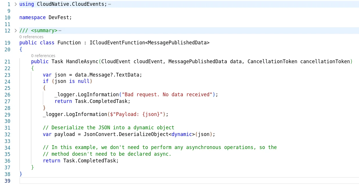 Event-triggered Google Cloud Function implementation in .NET