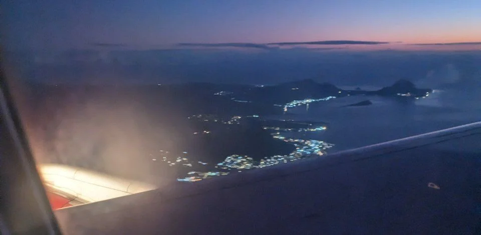 Arriving back during sunset - that's the west coast from Tamarin, Black River, Case Noyale down to Le Morne