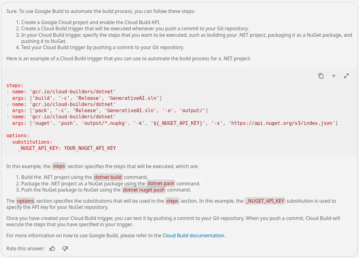 Duet AI gets the build configuration file done within seconds.