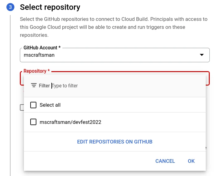 Select the repository to connect to from GitHub