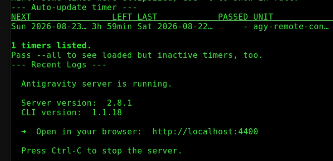 Status report says all good and ready to use. Antigravity CLI Remote Control Finalising Step Stuck