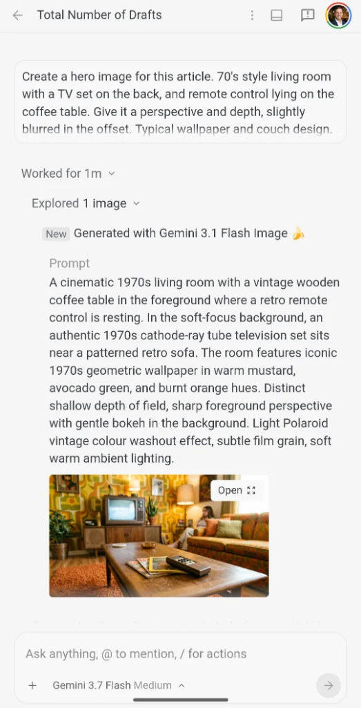Prompting hero image generation via Antigravity Remote Control on mobile Image generation using Antigravity Remote Control