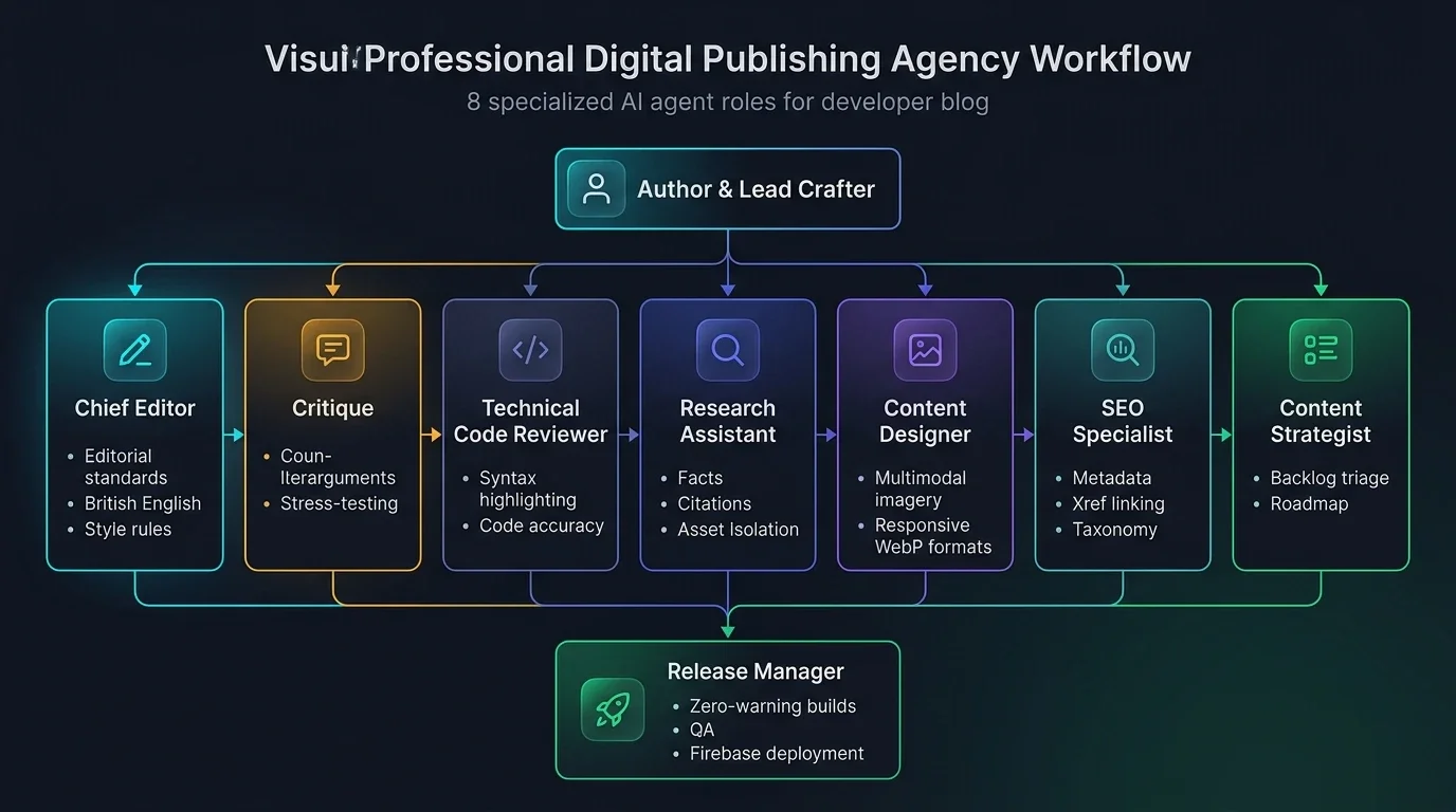 Digital Publishing Agency Workflow Diagram showing the digital publishing agency workflow connecting all 8 AI agent roles
