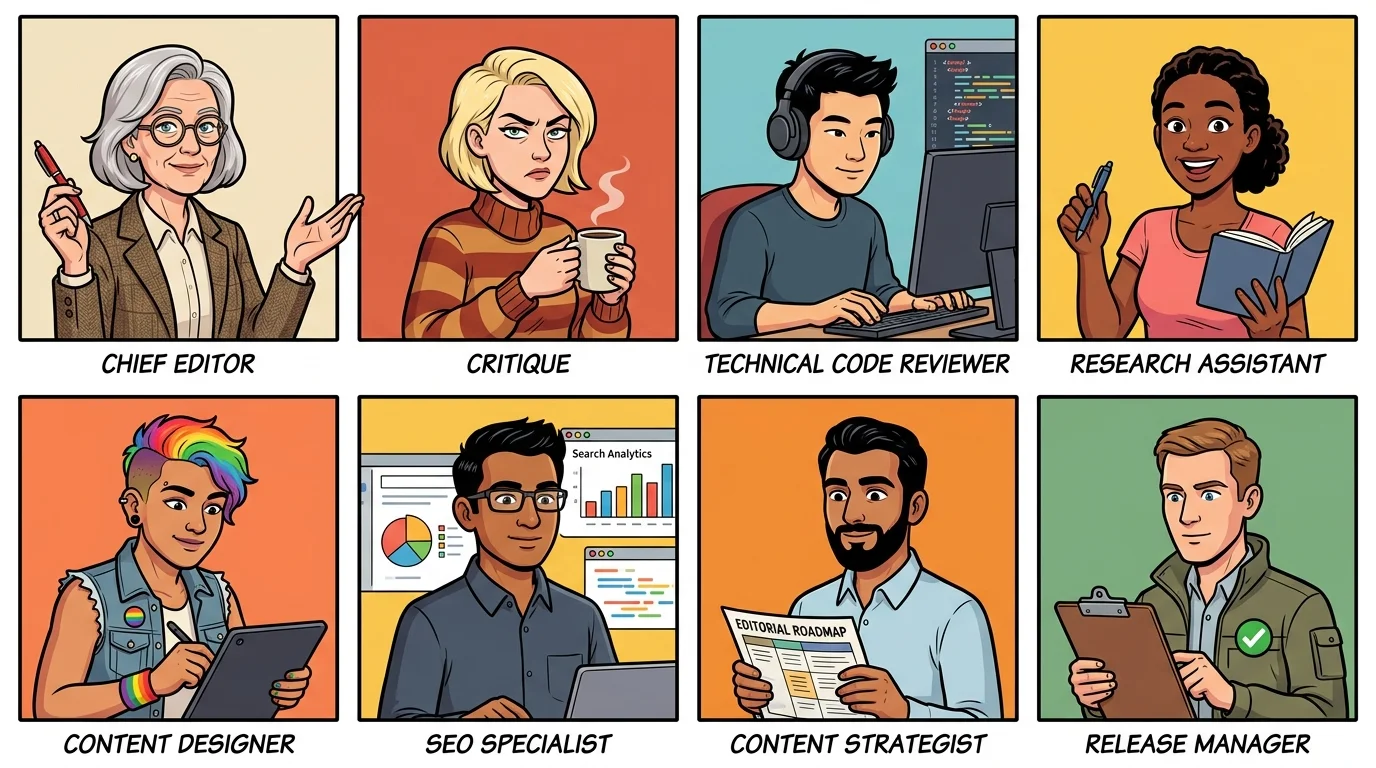 The getblogged AI Publishing Agency Team The 8-member AI Publishing Agency team illustrated in a vibrant comic style