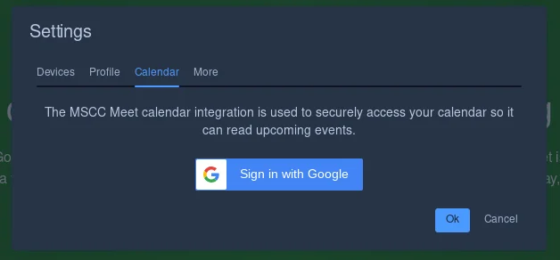 Calendar Settings Dialog Settings modal showing Google Sign-in
